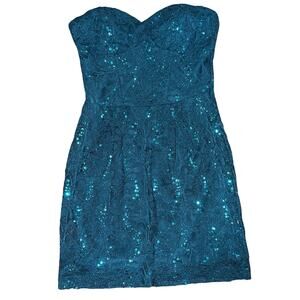 B. Darlin Teal Sequin Lace Strapless Mini Dress Size 11/12 Homecoming Cocktail